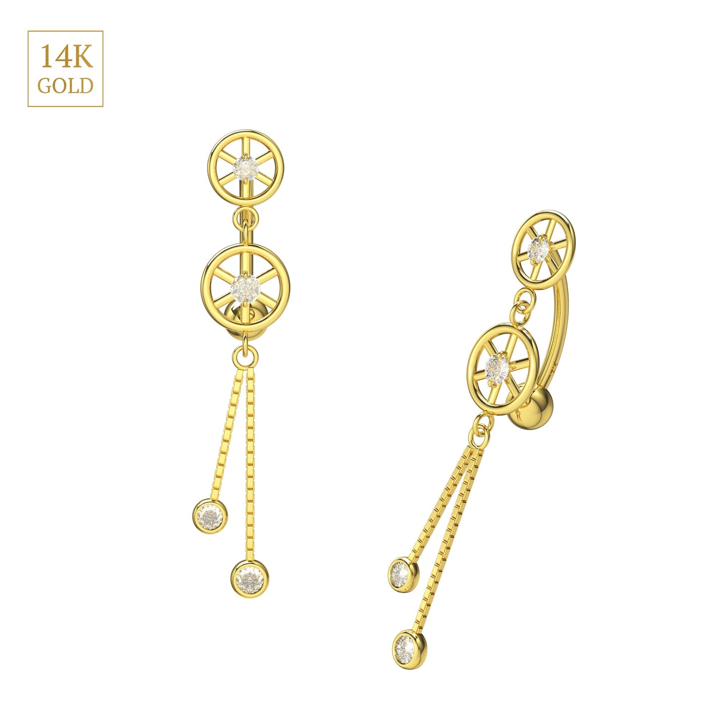 14K Gold CZ Jewelled Double Wheeled Danglers Belly Ring - Monster Piercing