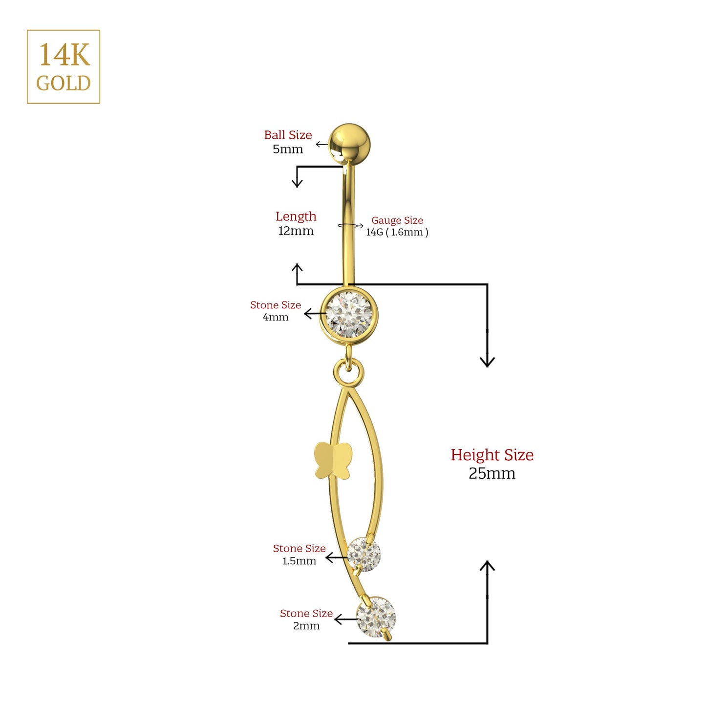 Detailed dimensions of 14K Gold CZ Italian Horn Danglers Belly Ring with 14G gauge, 12mm bar length, and 25mm dangle height, featuring cubic zirconia stones.
