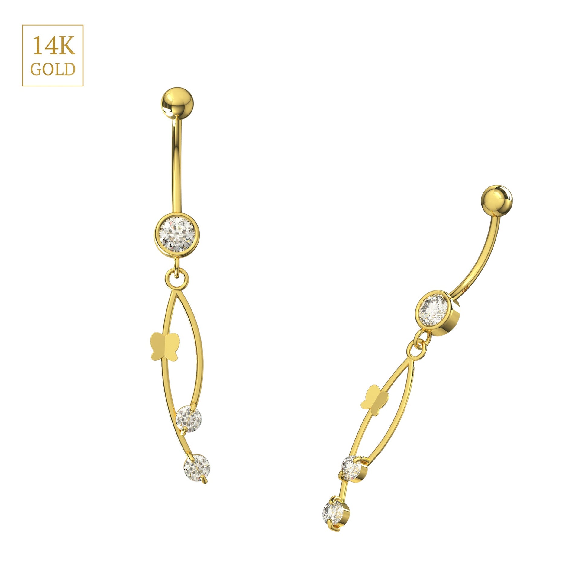 Pair of 14K Gold CZ Italian Horn Danglers Belly Rings with butterfly charm and three cubic zirconia stones, ideal for elegant and symbolic belly piercings.