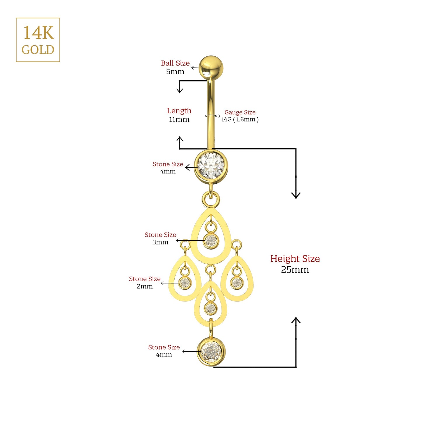 Detailed size chart of 14K Gold CZ Tear Shape Belly Ring showing dimensions of stones, barbell, and overall length for precise fit and styling.