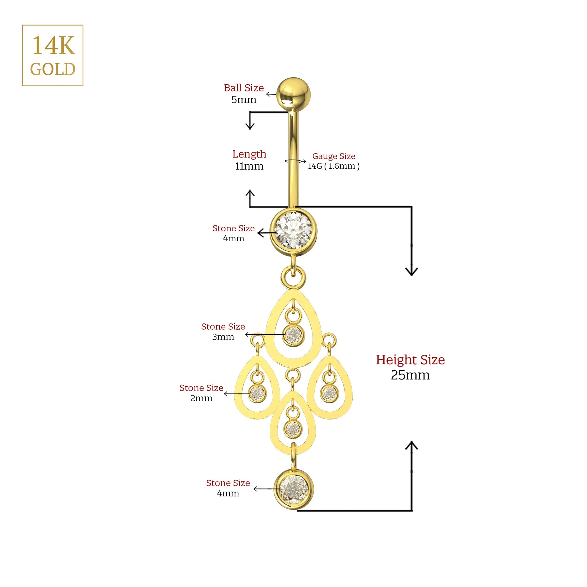 Detailed size chart of 14K Gold CZ Tear Shape Belly Ring showing dimensions of stones, barbell, and overall length for precise fit and styling.