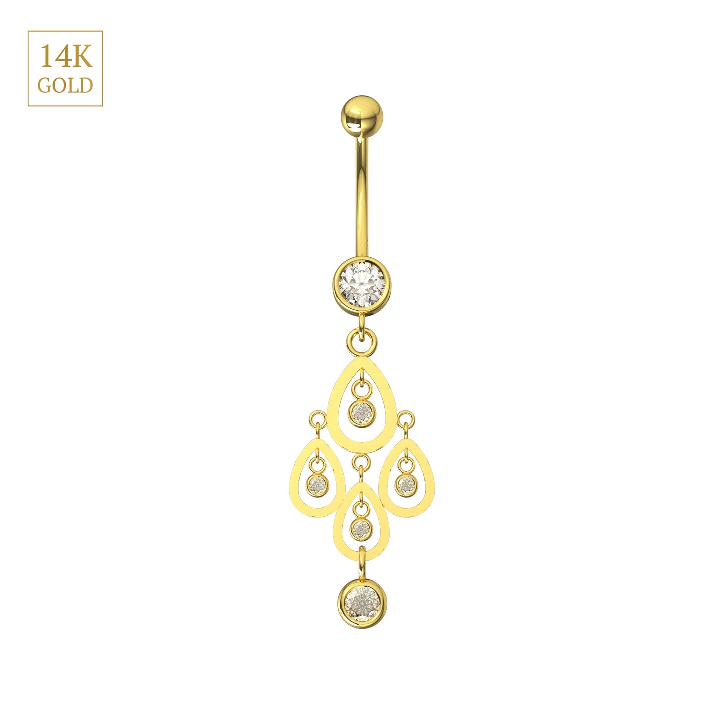 14K Gold CZ Tear Shape Belly Ring featuring cascading tear-shaped danglers with sparkling cubic zirconia stones for a graceful, elegant look.