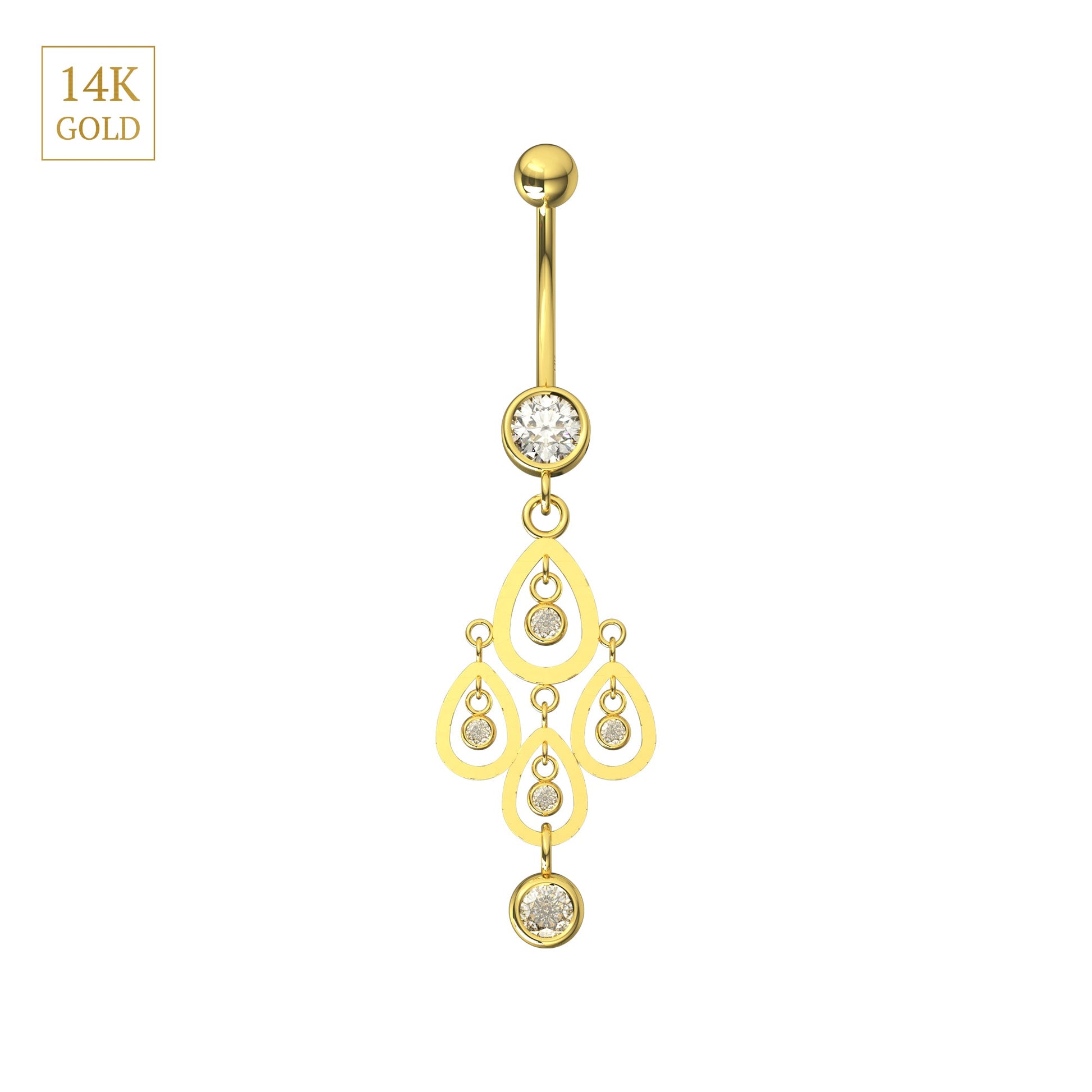 14K Gold CZ Tear Shape Belly Ring featuring cascading tear-shaped danglers with sparkling cubic zirconia stones for a graceful, elegant look.