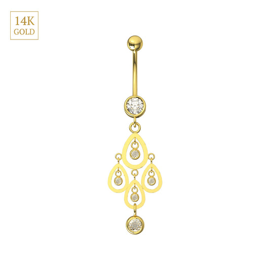 14K Gold CZ Tear Shape Belly Ring featuring cascading tear-shaped danglers with sparkling cubic zirconia stones for a graceful, elegant look.