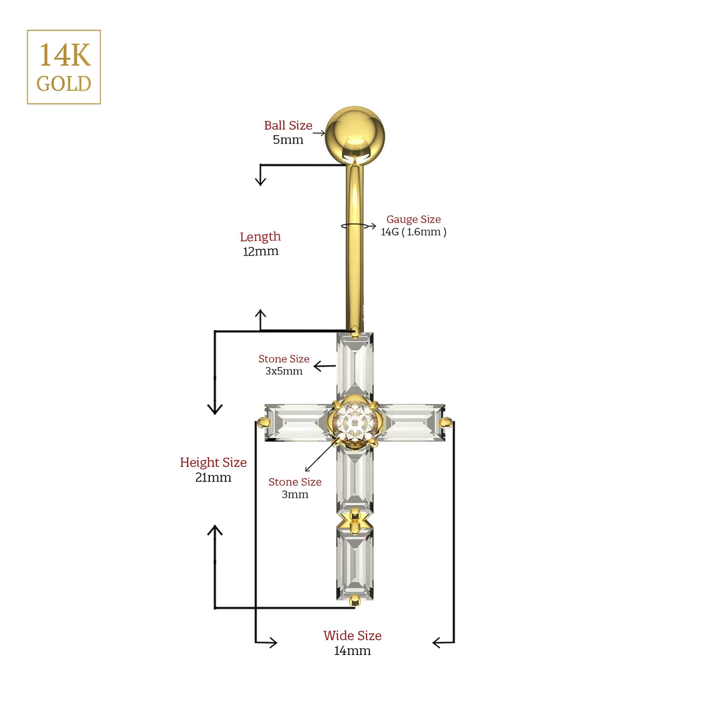 14K Gold Dangling Gemstone Cross Belly Ring - Monster Piercing