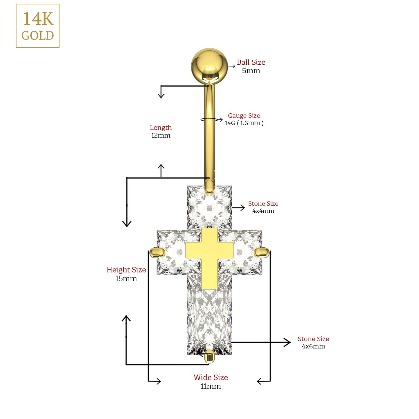 14K Gold CZ Jewelled Cross Belly Bar - Monster Piercing