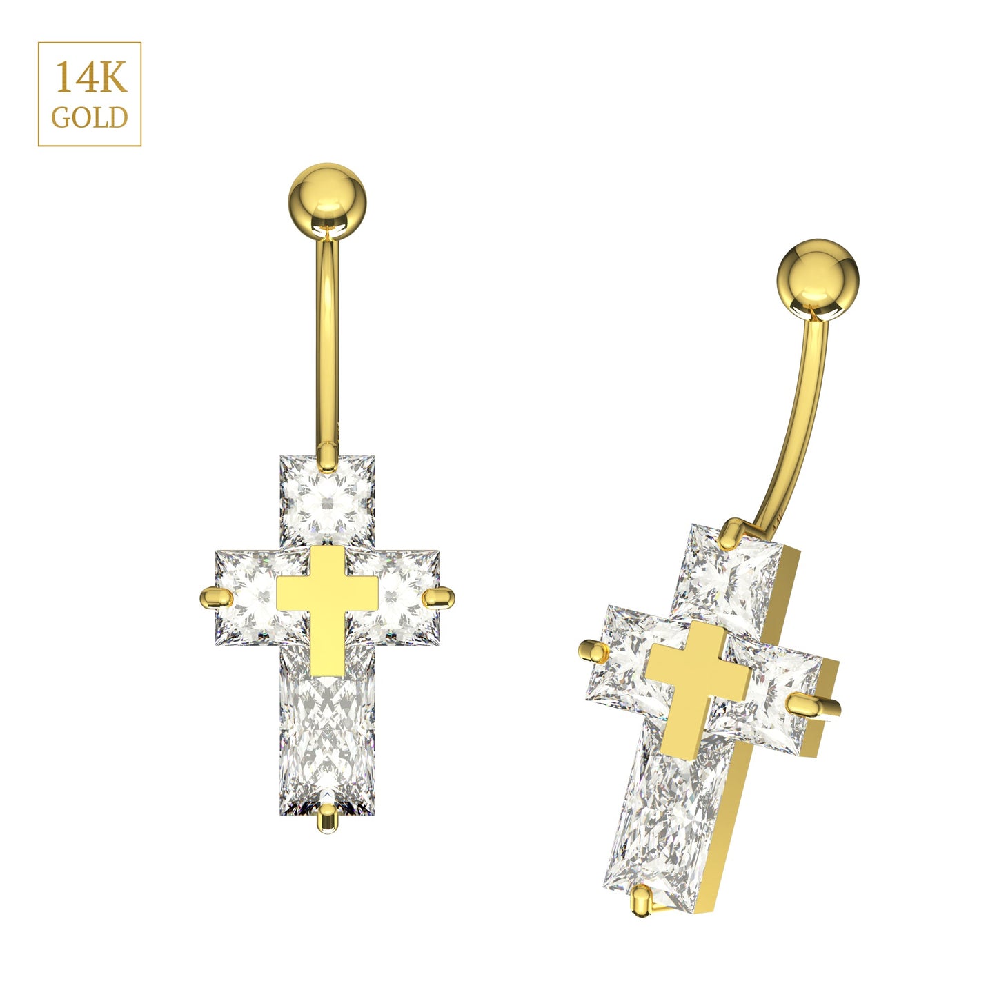 14K Gold CZ Jewelled Cross Belly Bar - Monster Piercing