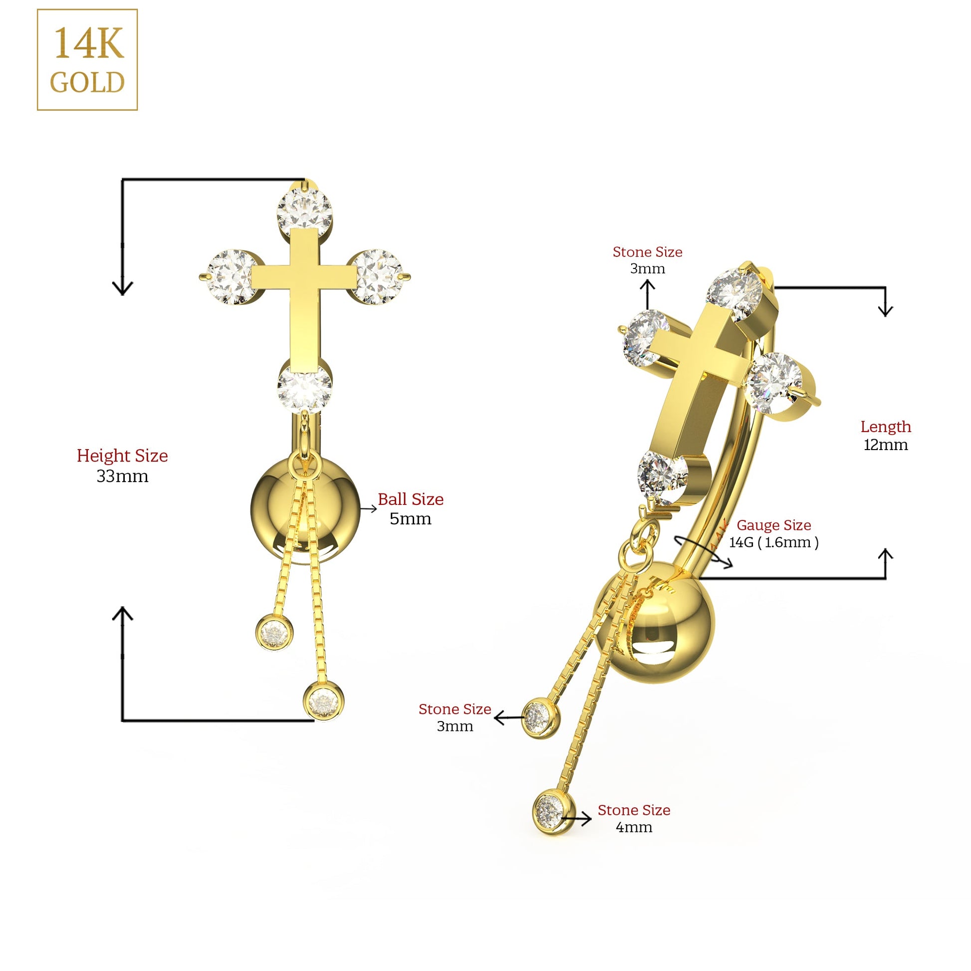 14K Gold Studded Cross Dangler Belly Ring - Monster Piercing