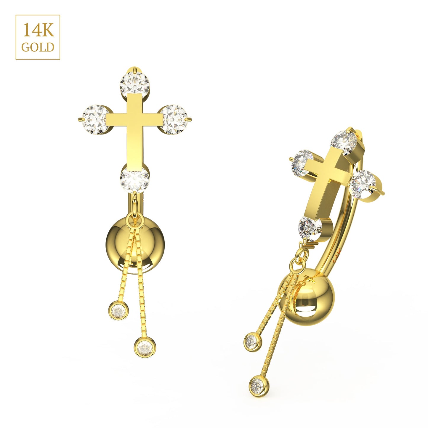 14K Gold Studded Cross Dangler Belly Ring - Monster Piercing