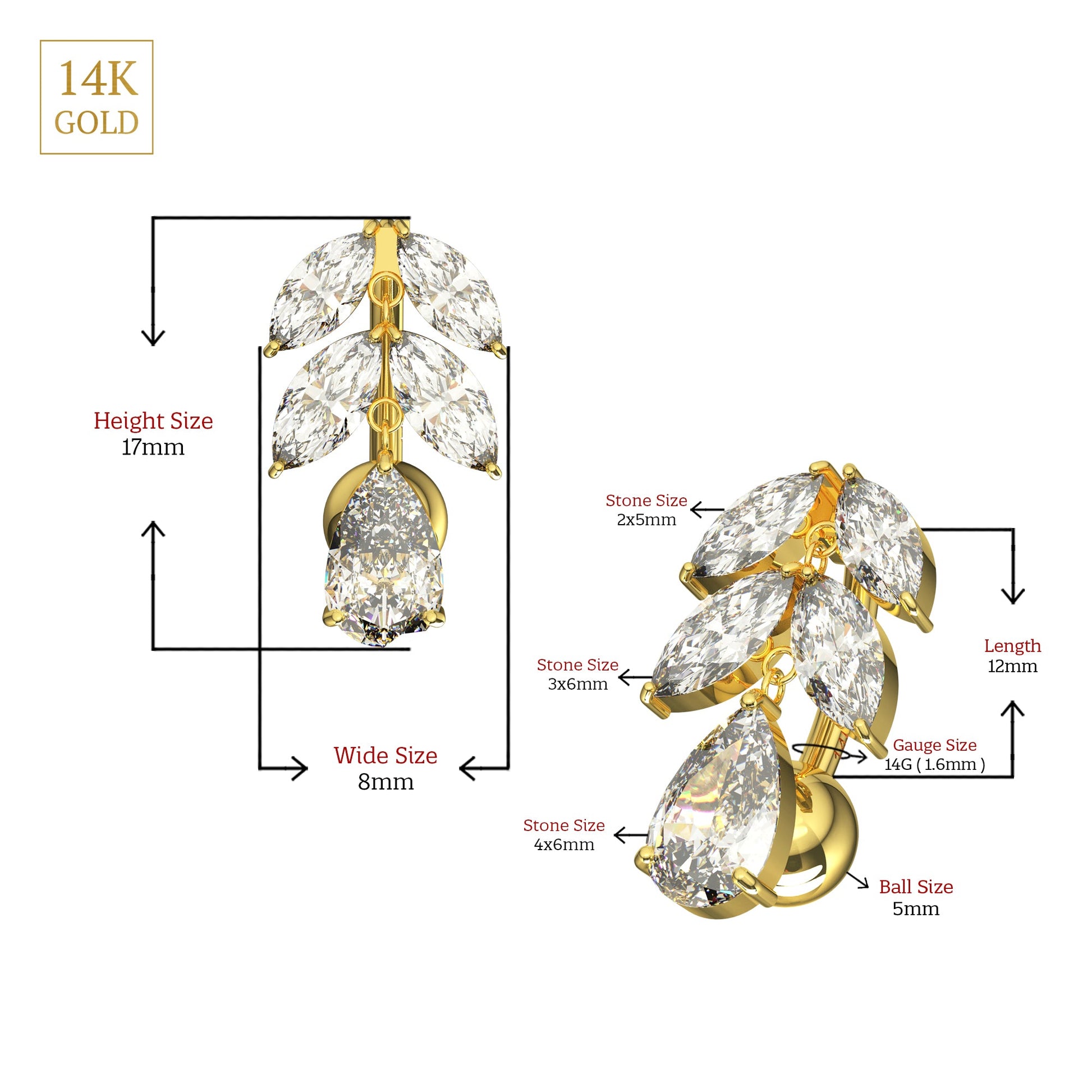 14K Gold Studded Reverse Belly Ring - Monster Piercing