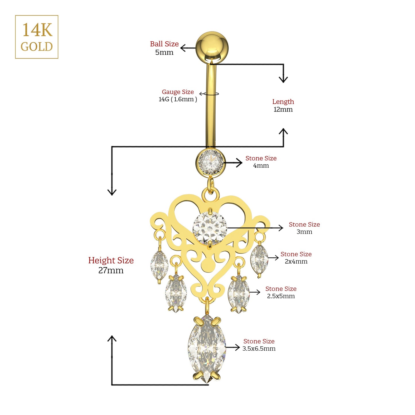 14K Gold Studded Heart Dangling Belly Ring - Monster Piercing
