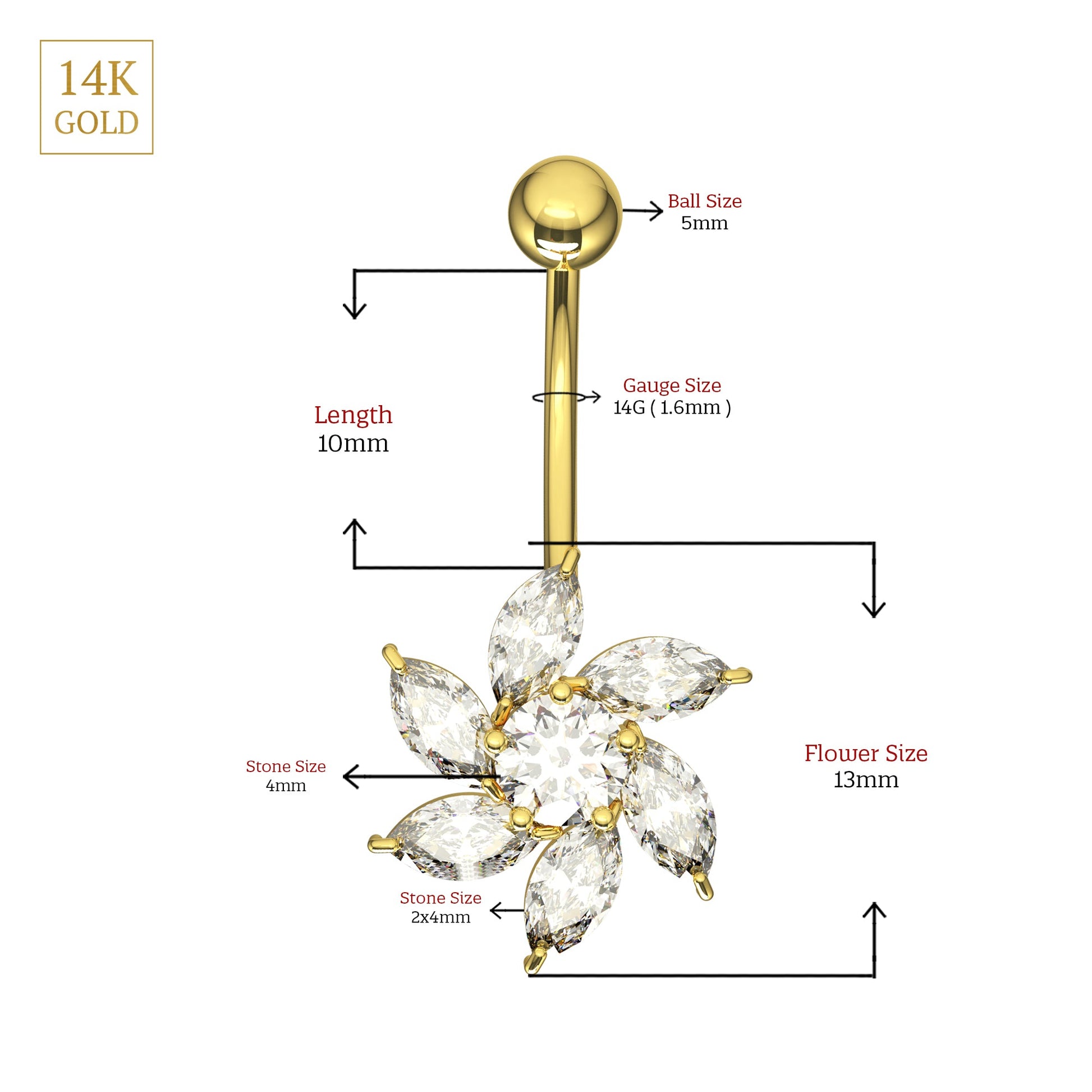 14K Gold Studded Pentas Fan Belly Ring - Monster Piercing