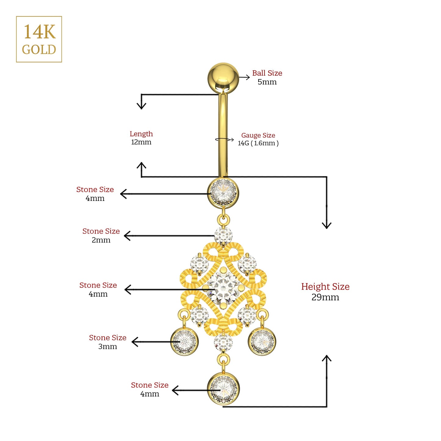 14K Gold Studded Traditional Belly Ring - Monster Piercing