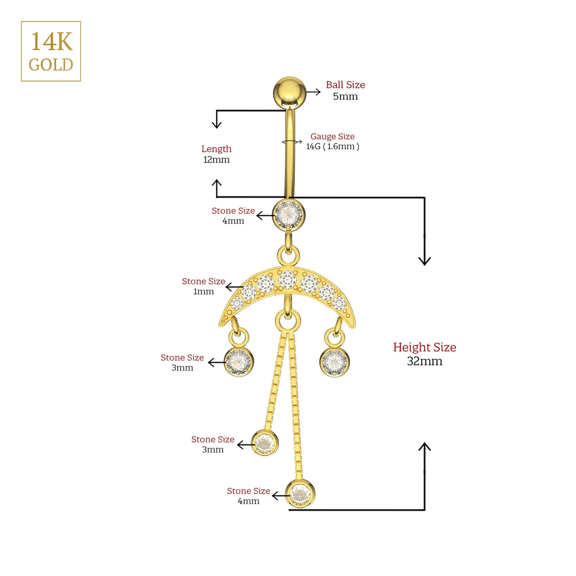 14K Gold Studded Dreamcatcher Belly Ring - Monster Piercing