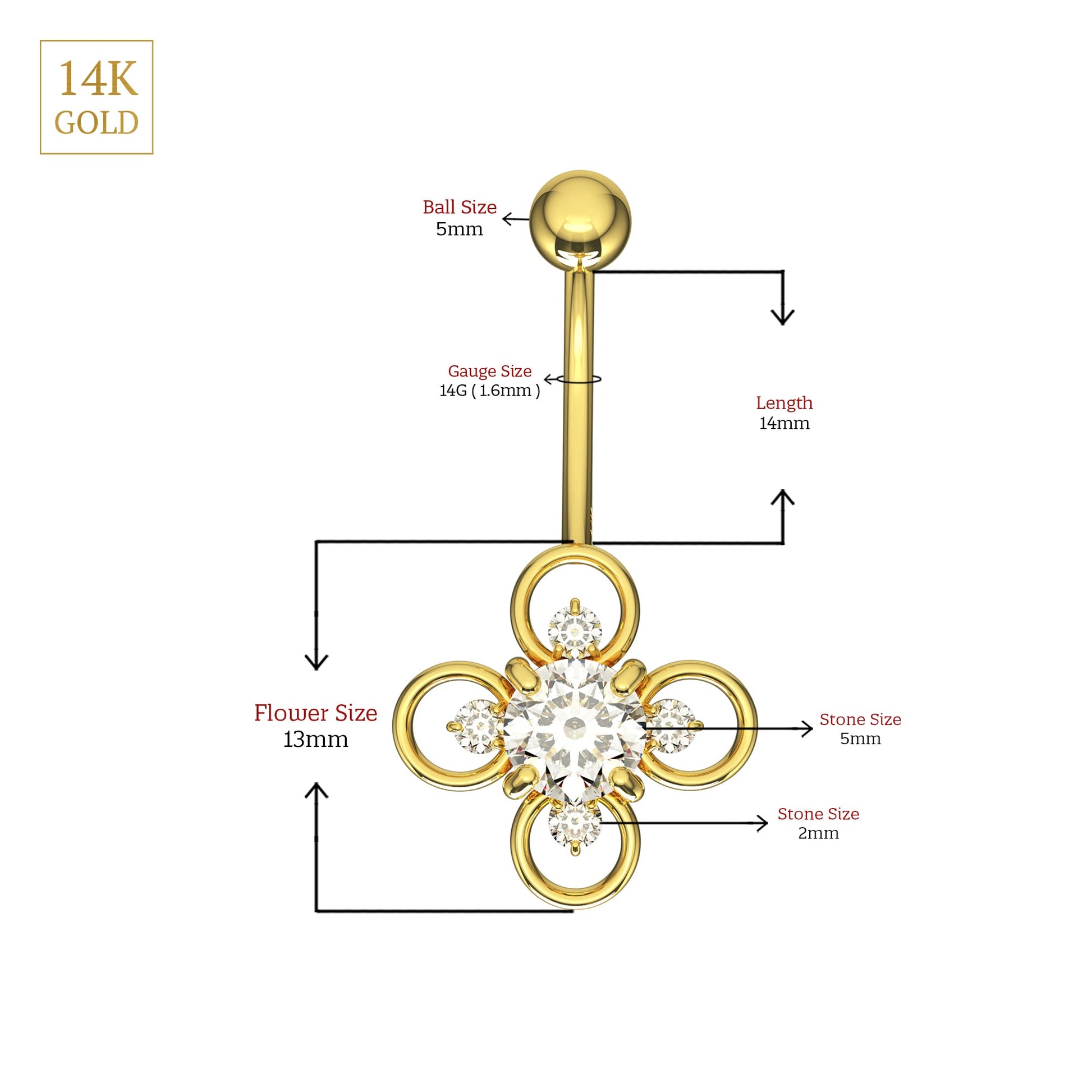 14K Gold Studded Ring Flower Belly Ring - Monster Piercing