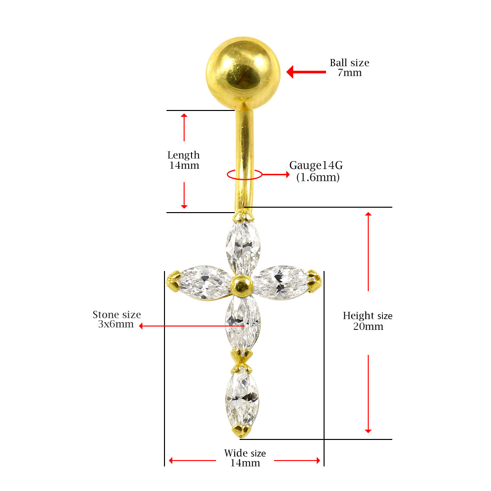 14K Gold Studded Cross Belly Ring - Monster Piercing