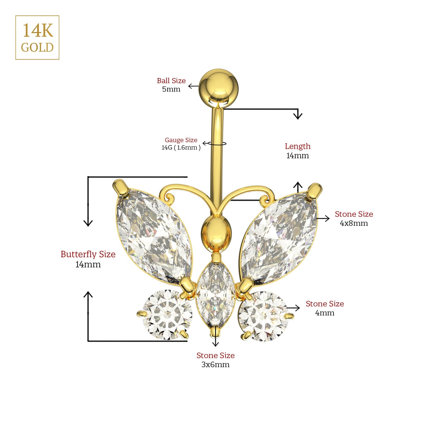 14K Gold Studded Dragonfly Belly Ring - Monster Piercing