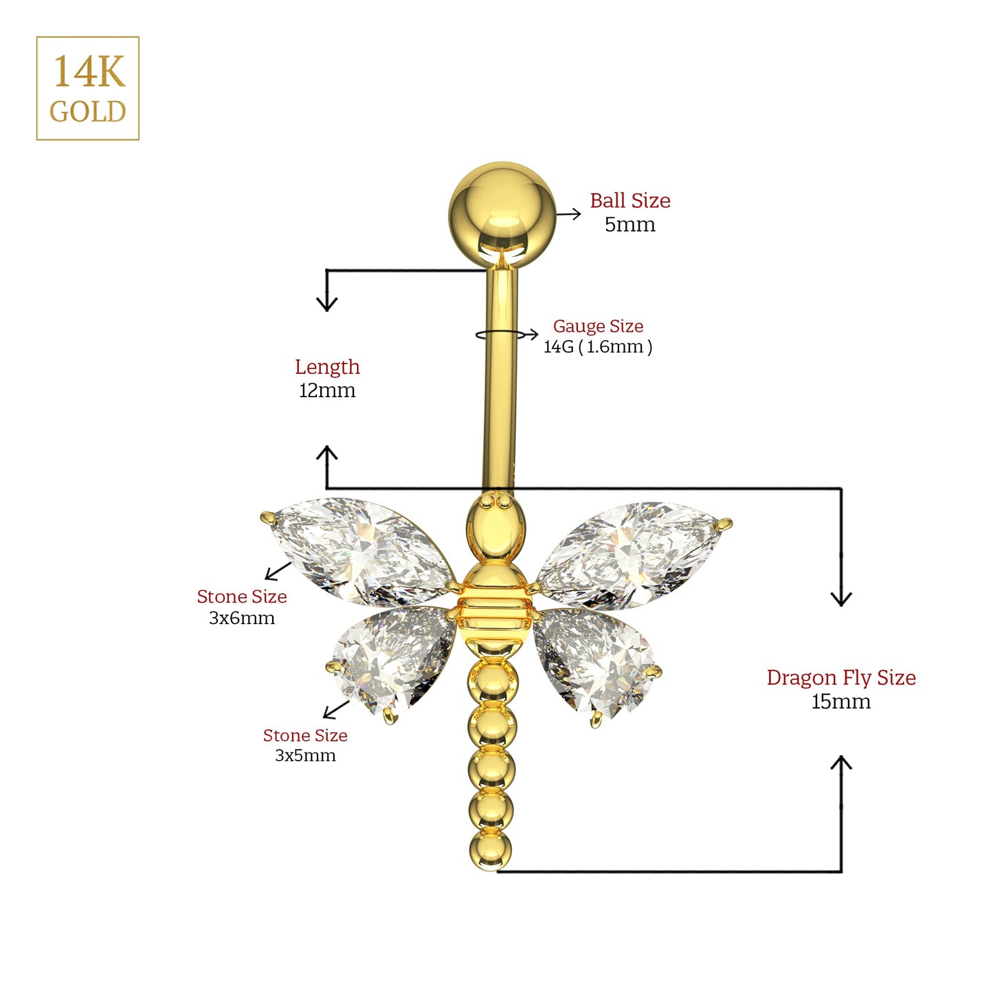 14K Solid Gold Jewelled Dangling Dragonfly Belly Ring - Monster Piercing