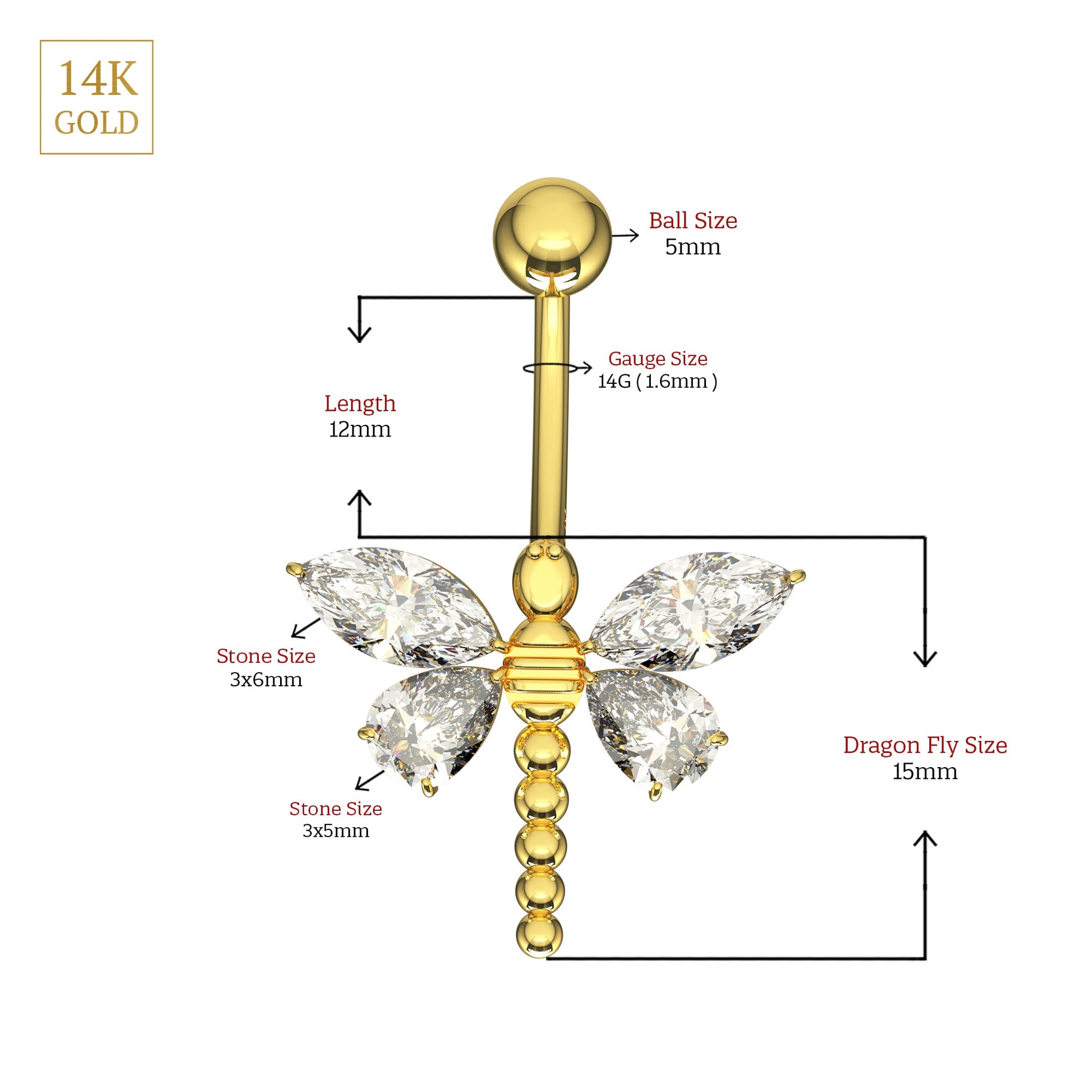 14K Solid Gold Jewelled Dangling Dragonfly Belly Ring - Monster Piercing