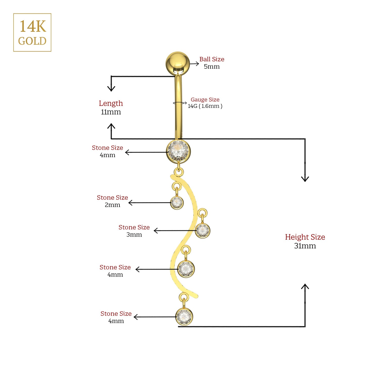 14K Gold CZ Jewelled Stones Dangling Belly Ring - Monster Piercing