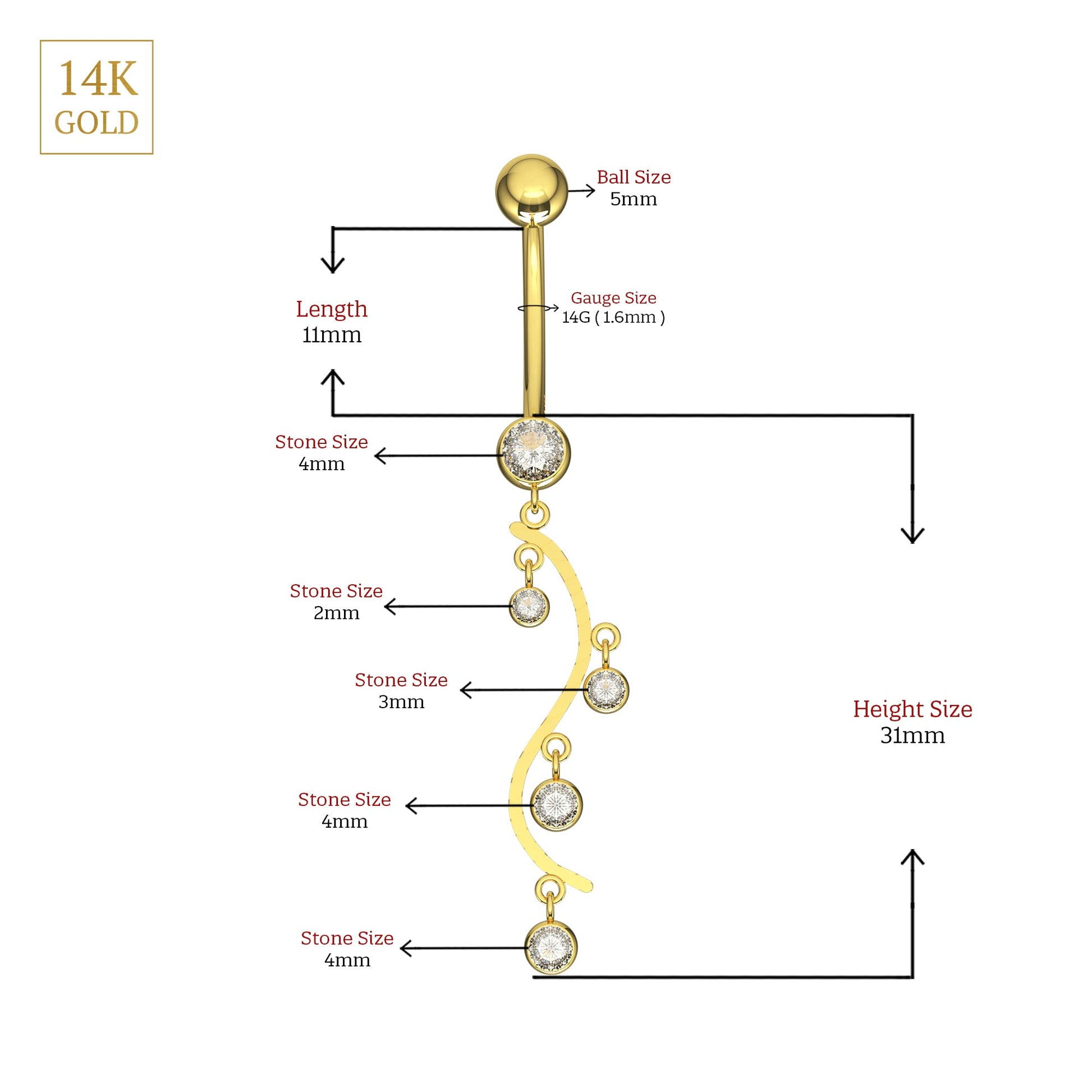 14K Gold CZ Jewelled Stones Dangling Belly Ring - Monster Piercing