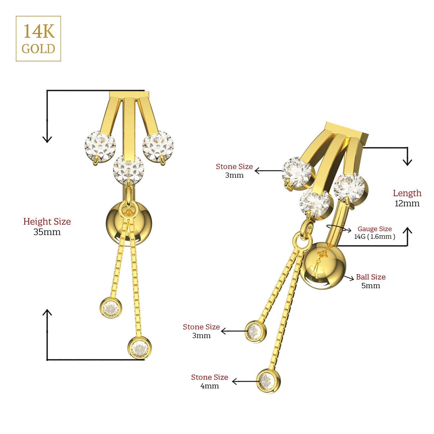 14K Gold CZ Jewelled Italian Horn Stones Dangling Belly Ring - Monster Piercing