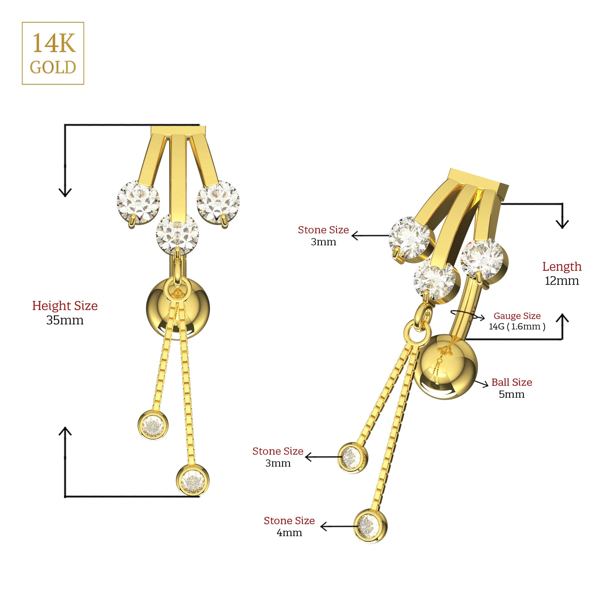 14K Gold CZ Jewelled Italian Horn Stones Dangling Belly Ring - Monster Piercing