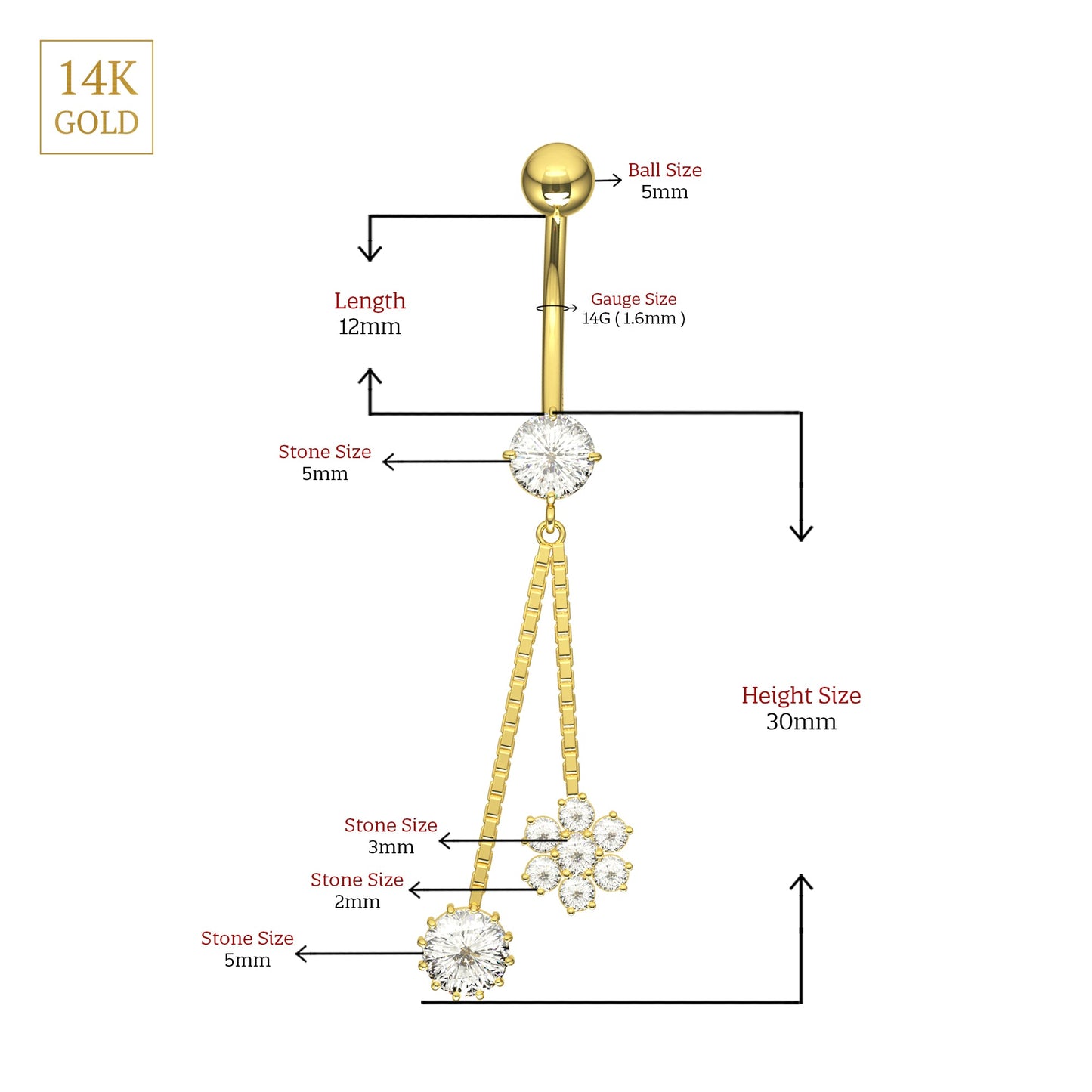 14K Gold Flower and CZ Jewelled Dangling Belly Ring - Monster Piercing