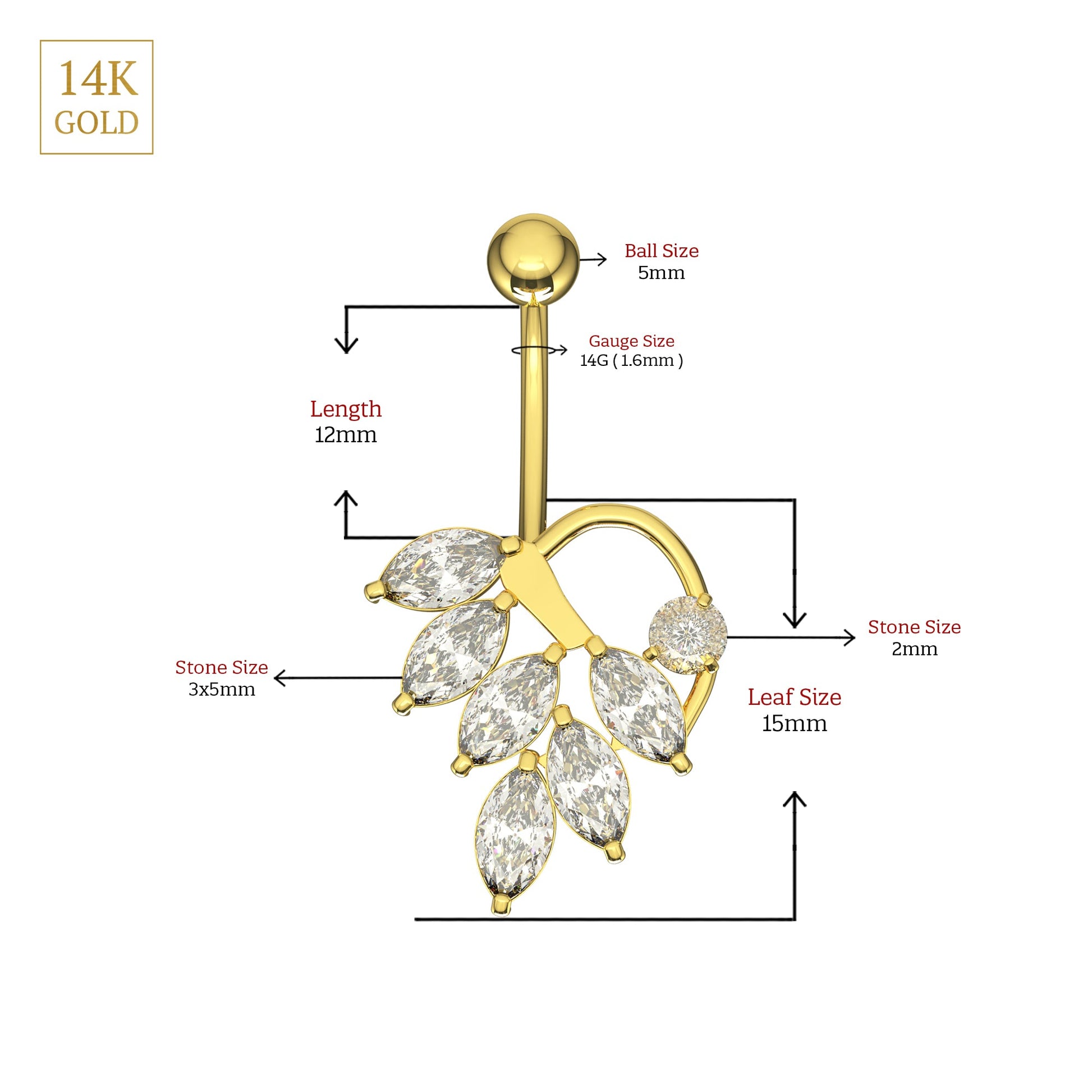 14K Gold Jewelled Leaf Belly Ring - Monster Piercing