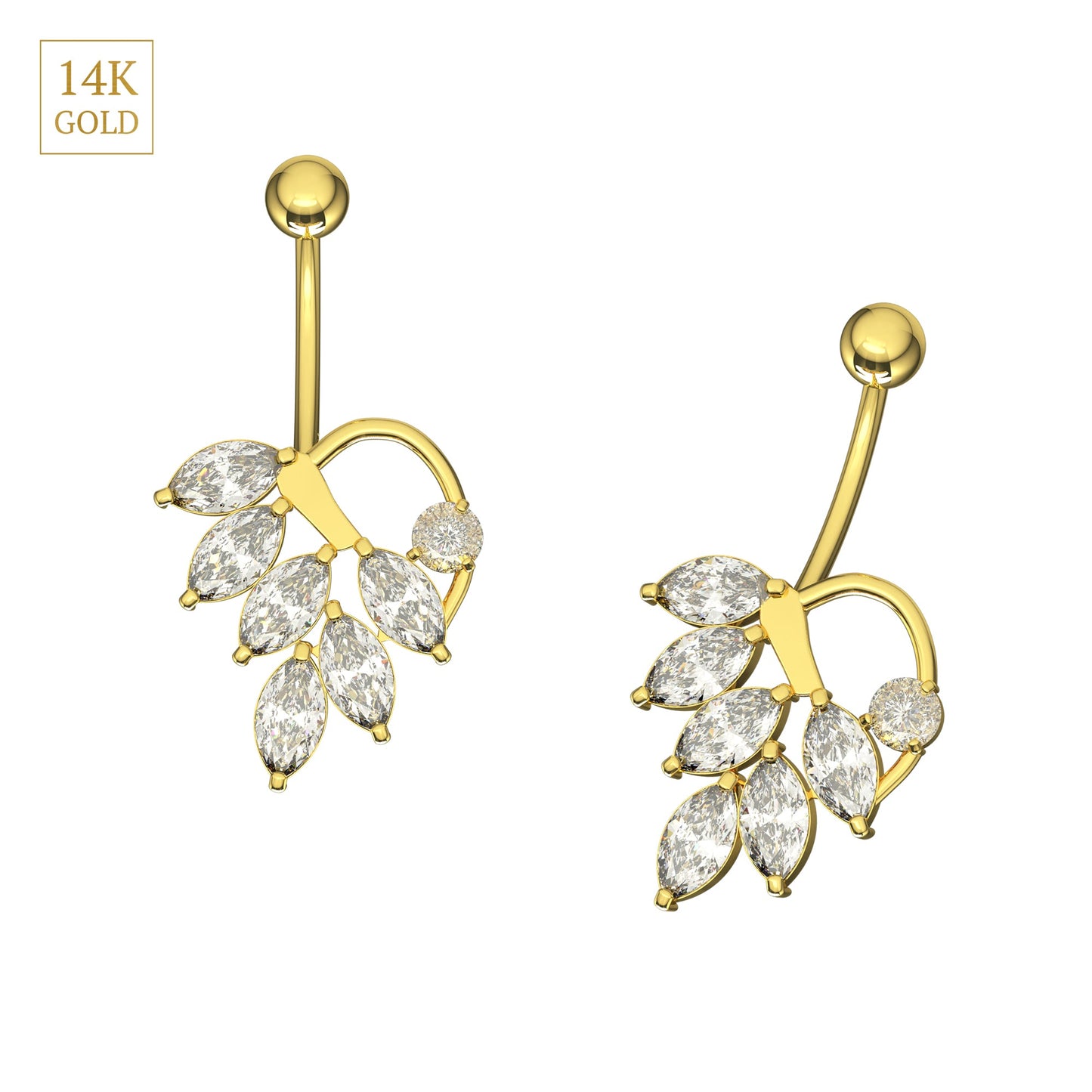 14K Gold Jewelled Leaf Belly Ring - Monster Piercing