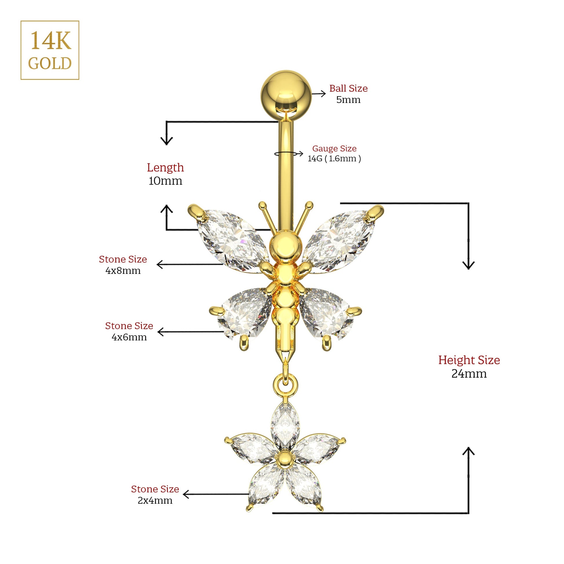 14K Gold Jewelled Dangling Butterfly Belly Ring - Monster Piercing