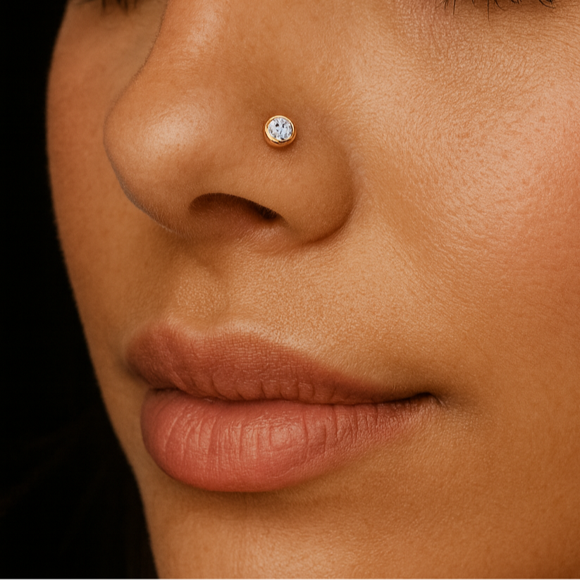 14K Gold CZ Jewelled Bezel Set Ball End and L-Bend Nose Stud - Monster Piercing