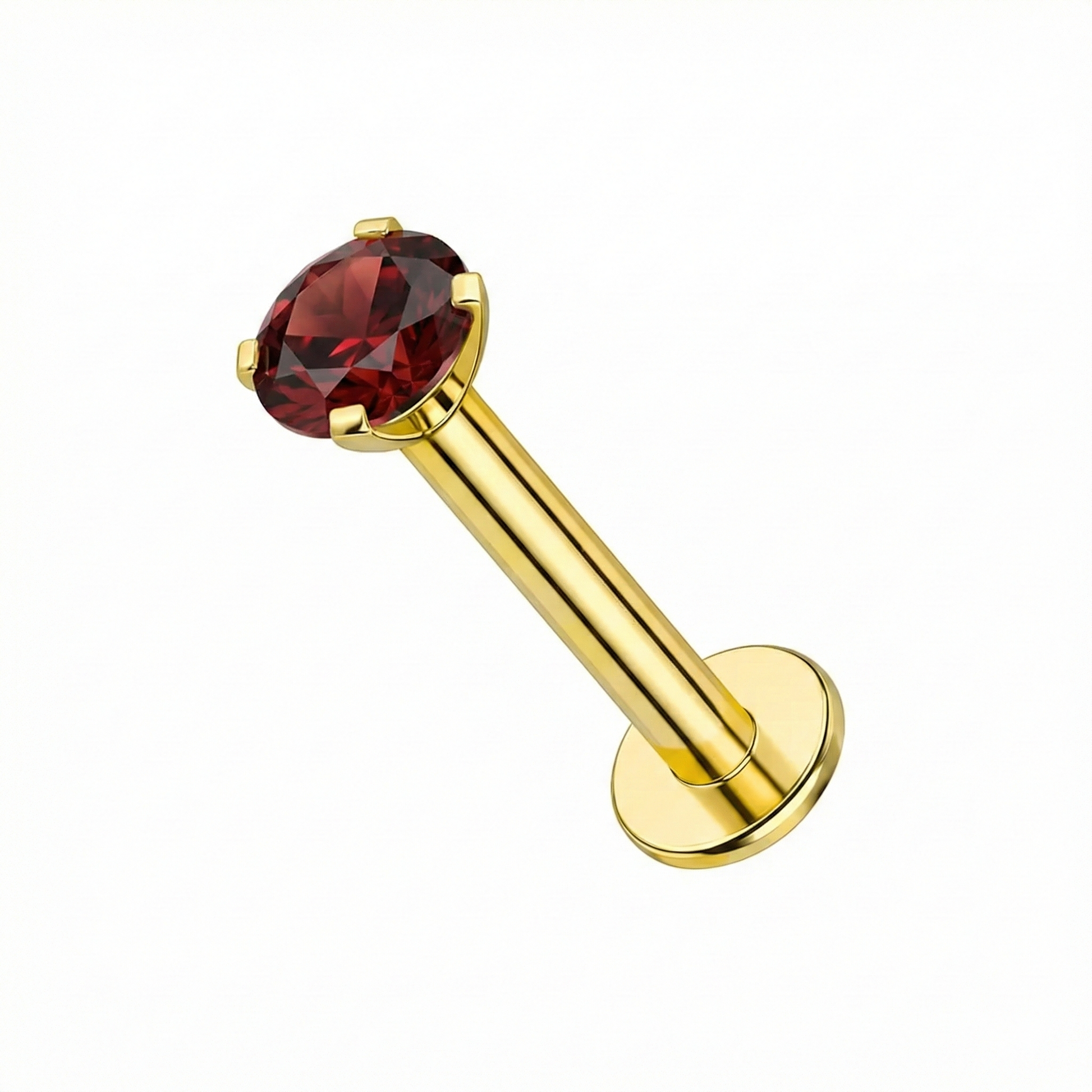 Minimal 14K Gold Garnet Natural Stone Flatback Stud featuring a claw-set deep red garnet on a polished gold push-fit post, ideal for cartilage or nose piercings.