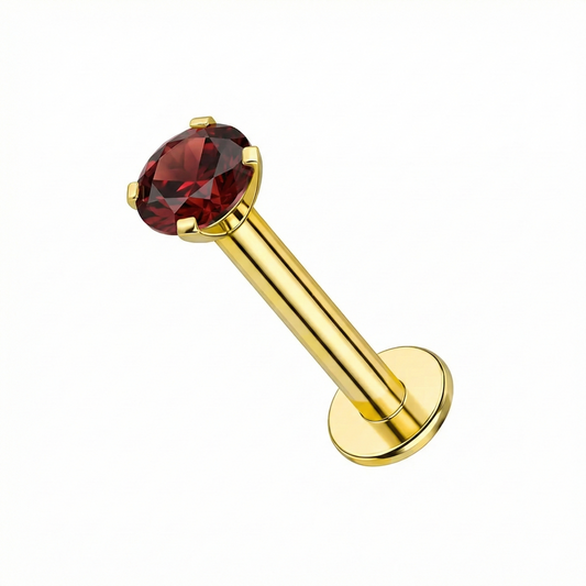 Minimal 14K Gold Garnet Natural Stone Flatback Stud featuring a claw-set deep red garnet on a polished gold push-fit post, ideal for cartilage or nose piercings.