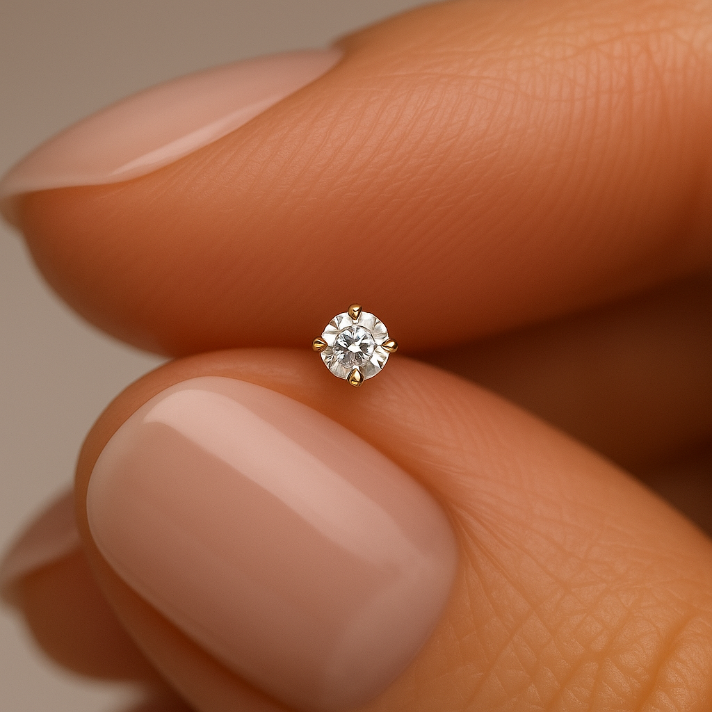 14K Gold Claw Set Round Lab Grown Diamond L-Bend Nose Stud - Monster Piercing