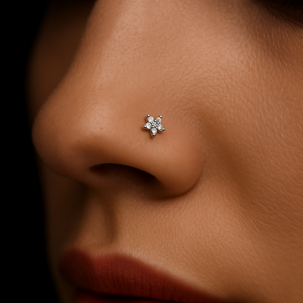 14K Gold Floral Flower Jewelled Nose Bone - Monster Piercing