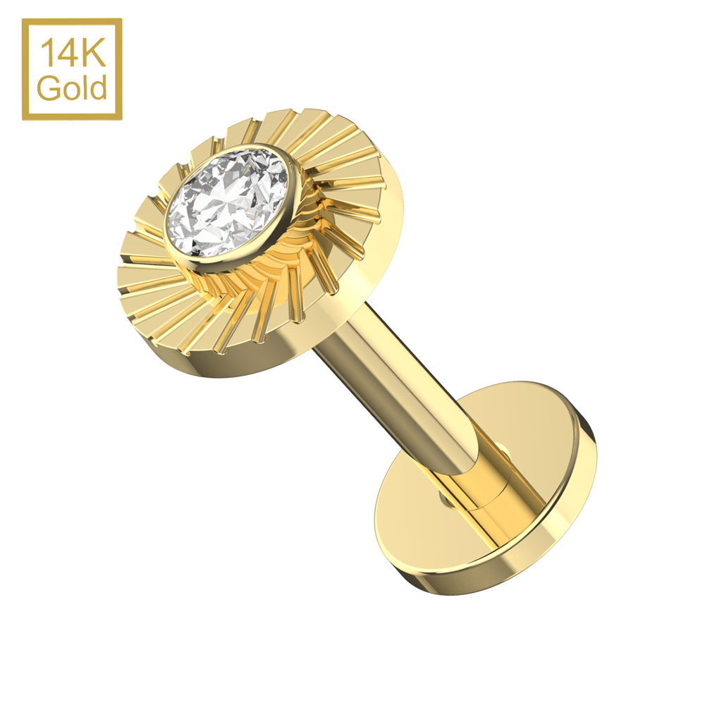 14K Gold  CZ Jeweled Laser Cut Button Top With Internal Thread Base Labret - Monster Piercing