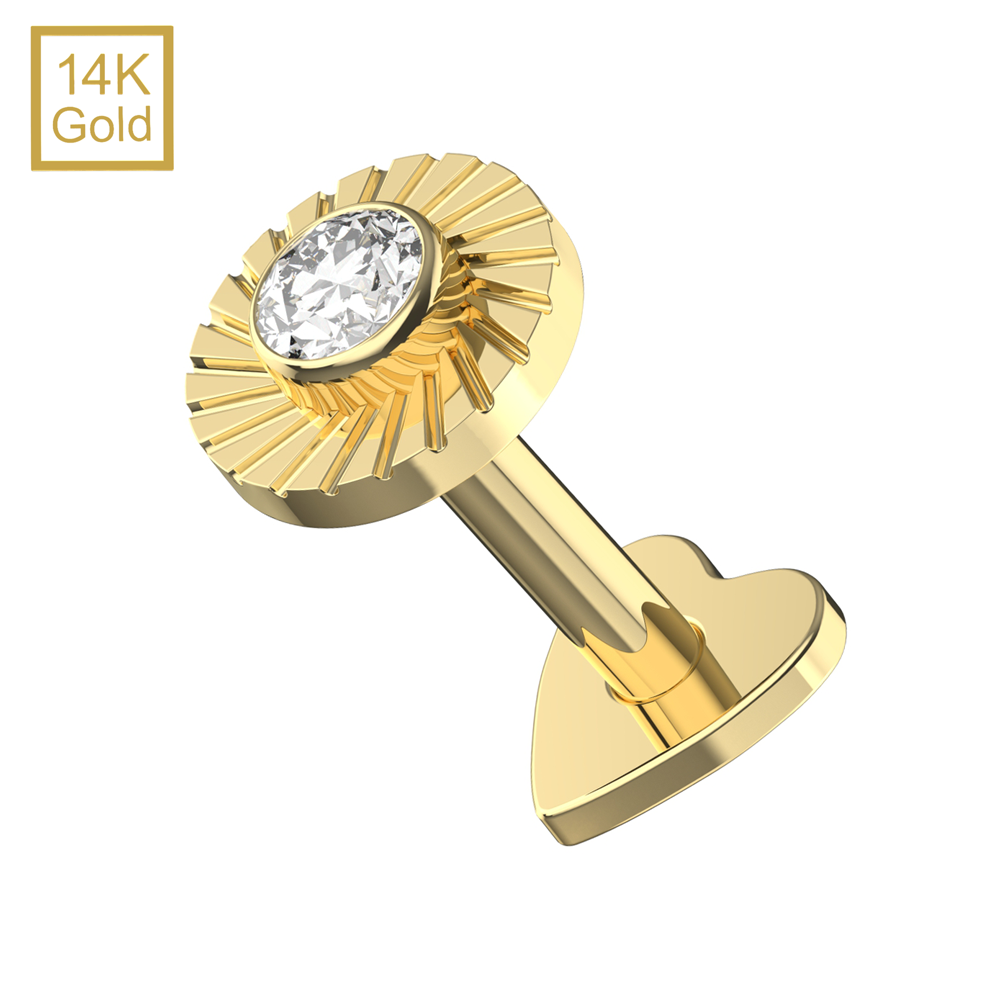 14K Gold  CZ Jeweled Laser Cut Button Top With Internal Thread Base Labret - Monster Piercing