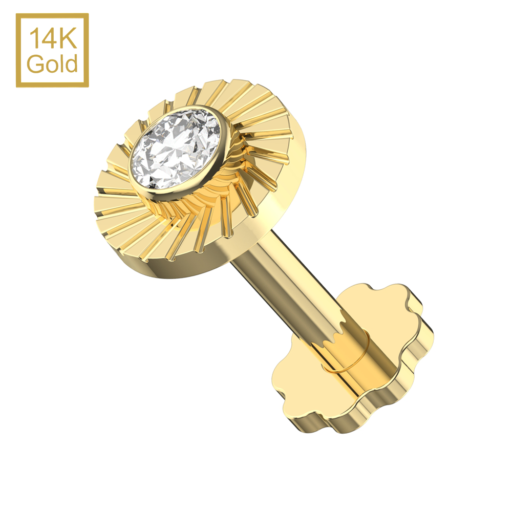 14K Gold  CZ Jeweled Laser Cut Button Top With Internal Thread Base Labret - Monster Piercing