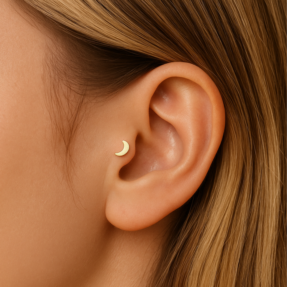 14K Gold Internally Threaded Crescent Moon Screw Fit Labret Ring - Monster Piercing