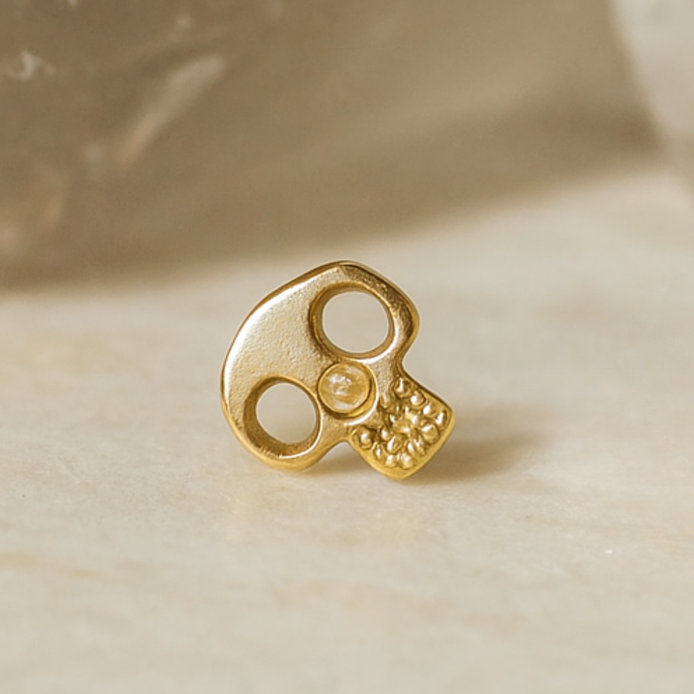14K Gold Internally Threaded Skull Screw Fit Stud - Monster Piercing