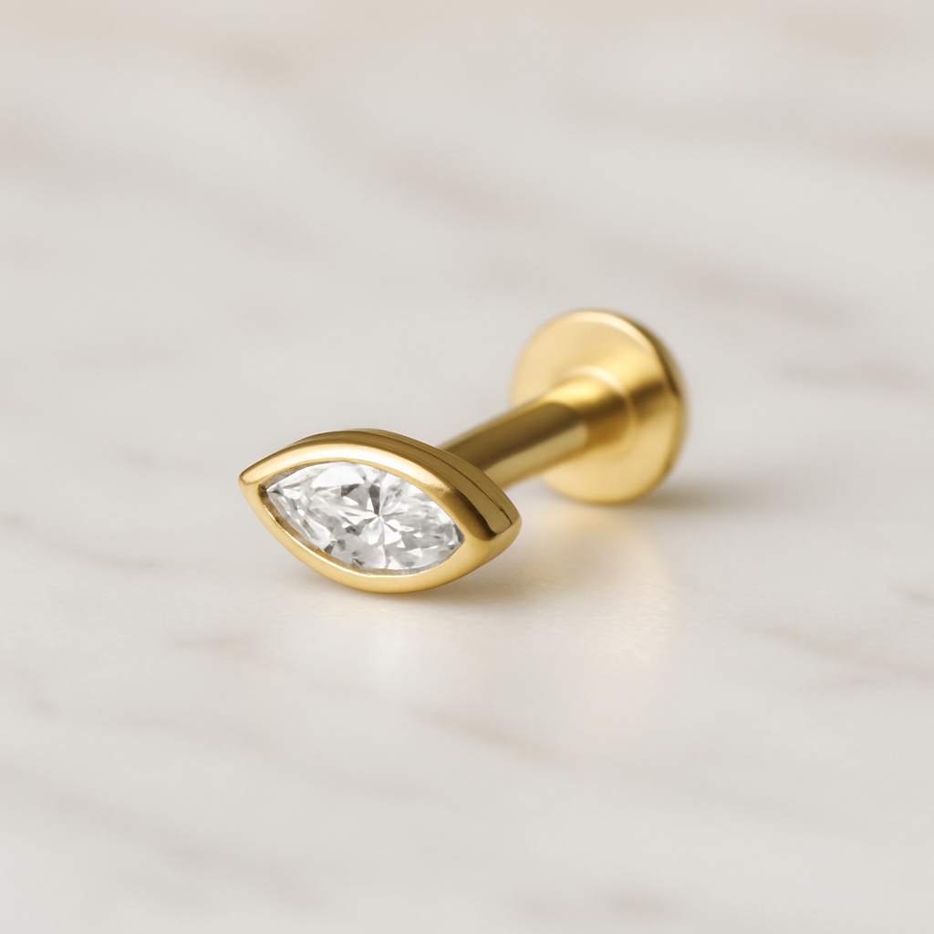 14K Gold Marquise CZ In Bezel Internal Threaded Flatback Stud - Monster Piercing