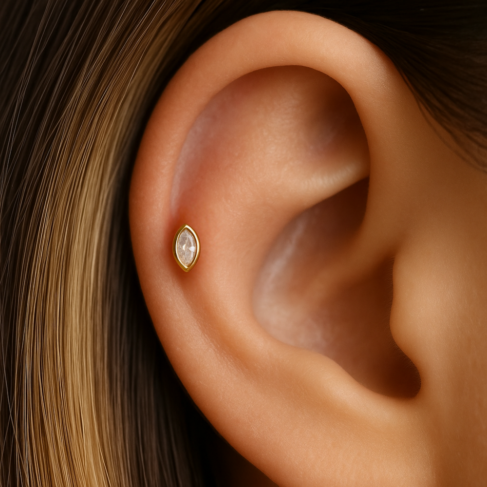 14K Gold Marquise CZ In Bezel Internal Threaded Flatback Stud - Monster Piercing