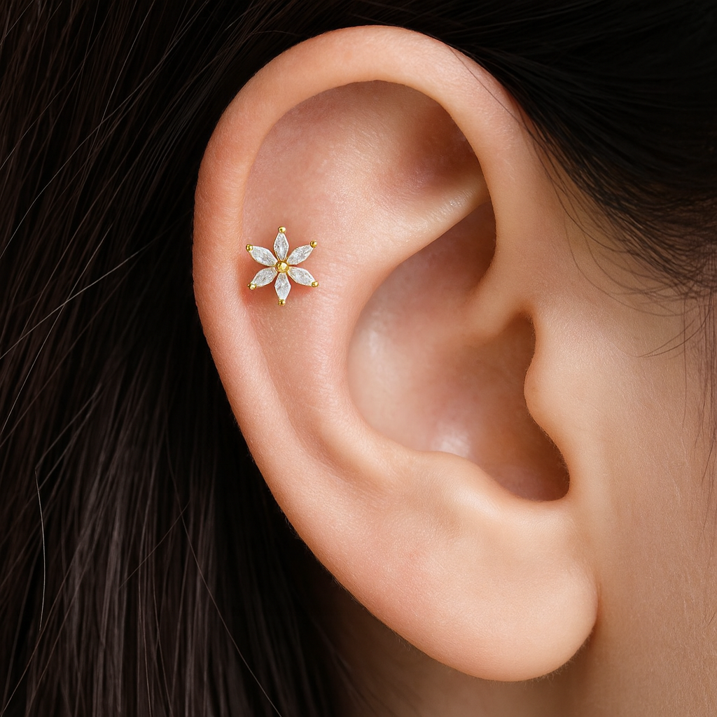 14K Gold Marquise CZ Jewelled Pentas Flower Internal Thread Labret with Flowerback Stud - Monster Piercing