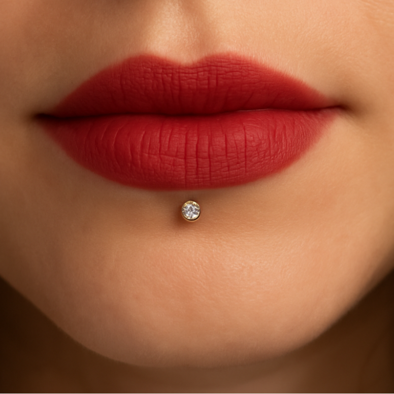 14K Gold Round CZ Jewelled Push-Fit Labret with Flatback Stud - Monster Piercing