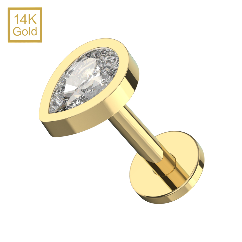 14K Gold Teardrop CZ Top With Internal Thread Base Labret - Monster Piercing