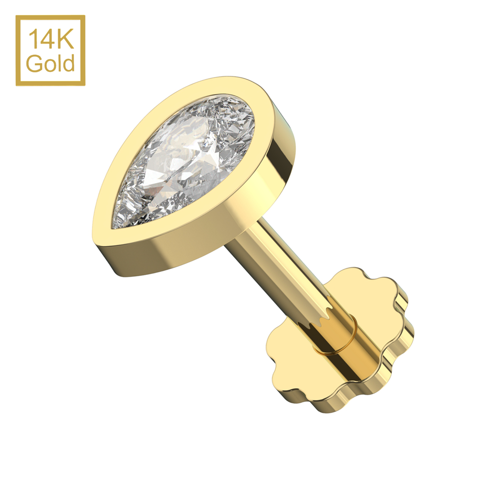 14K Gold Teardrop CZ Top With Internal Thread Base Labret - Monster Piercing