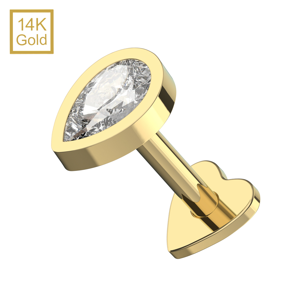 14K Gold Teardrop CZ Top With Internal Thread Base Labret - Monster Piercing