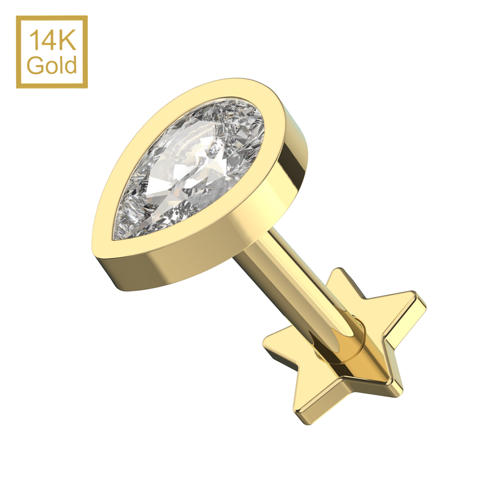 14K Gold Teardrop CZ Top With Internal Thread Base Labret - Monster Piercing