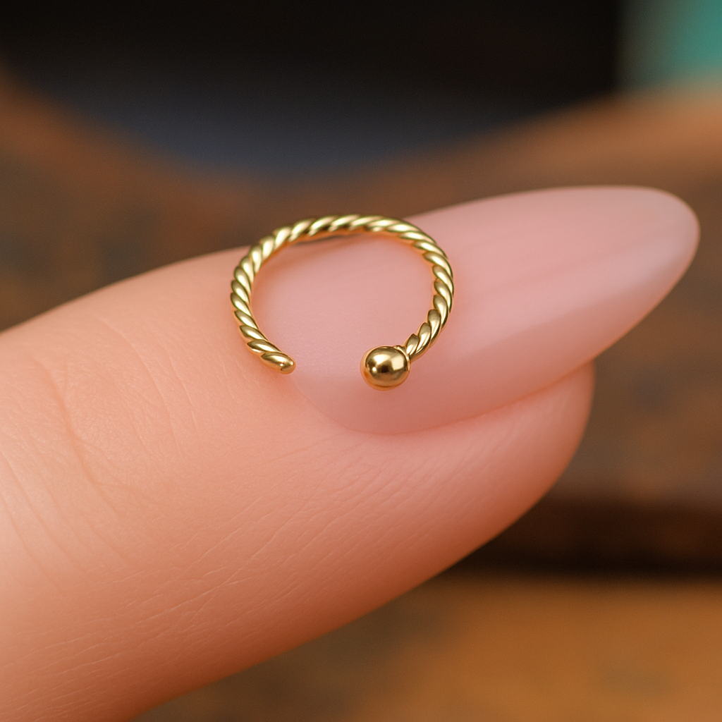 14K Gold Twister Open Hoop with Ball Nose Ring - Monster Piercing